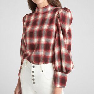 GAP Puff Sleeve Red Plaid Mock Neck Top